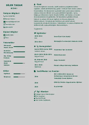 Eczacı CV Örnekleri cv indir